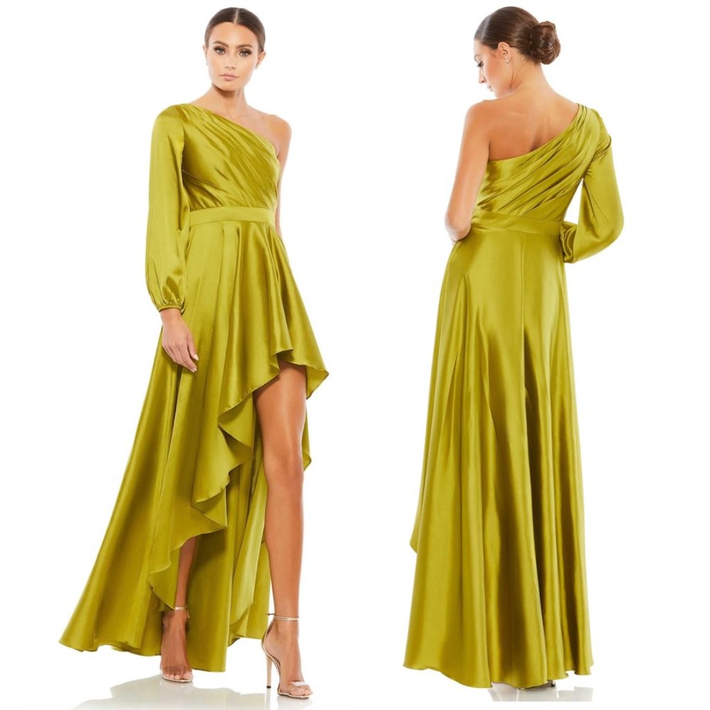 MAC DUGGAL One-Shoulder Long Sleeve Satin High/Low Gown in Chartreuse US 8